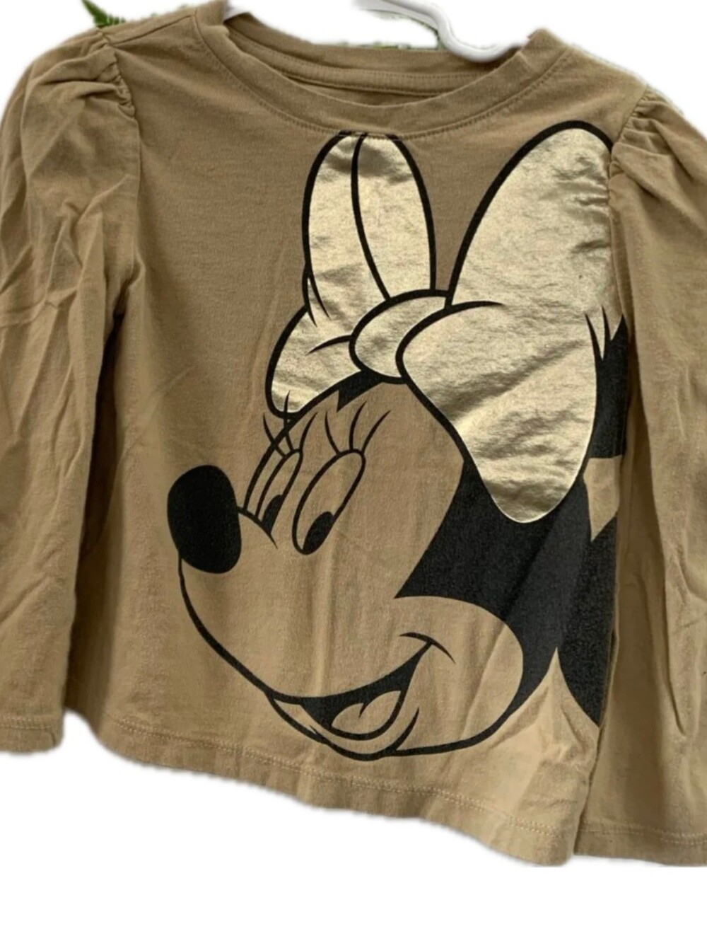 GAP Girls Long Sleeve Minnie Graphic Tee in Tan with Metallic Bow